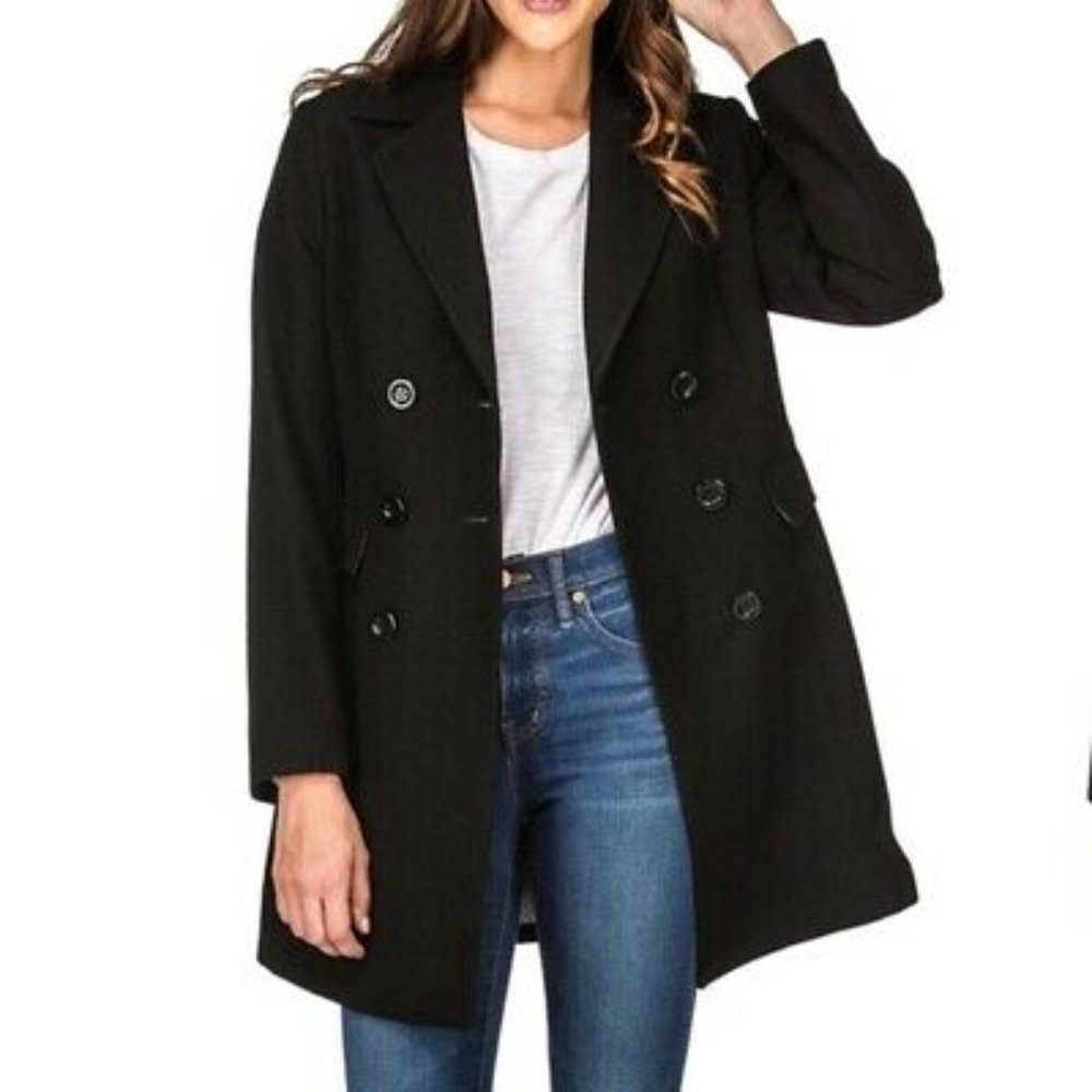 Haute Edition Double Breasted Wool Blend Pea Coat